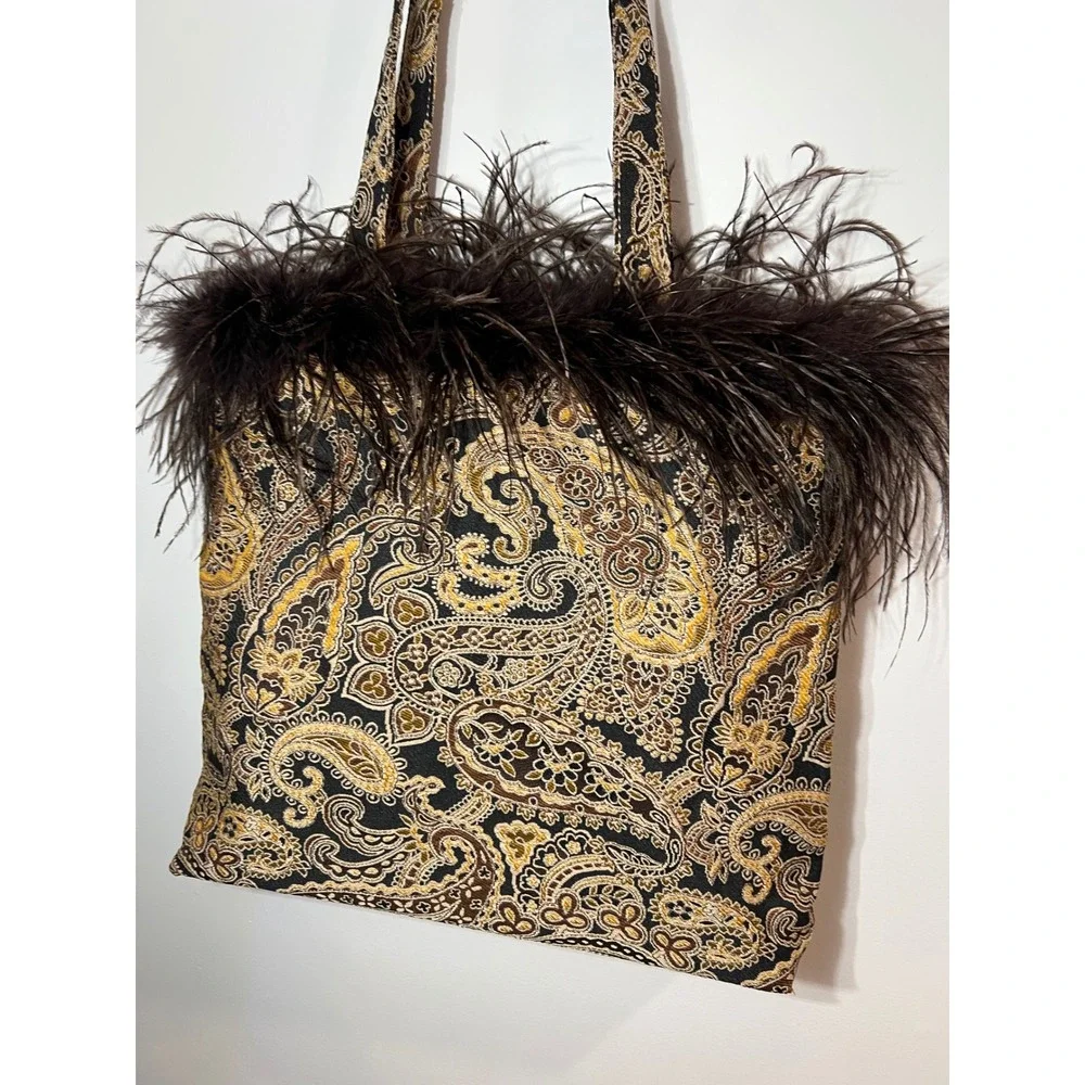 CBK Paisley Feather Tote Bag Brown Gold Tapestry Ostrich Trim Statement Large OS